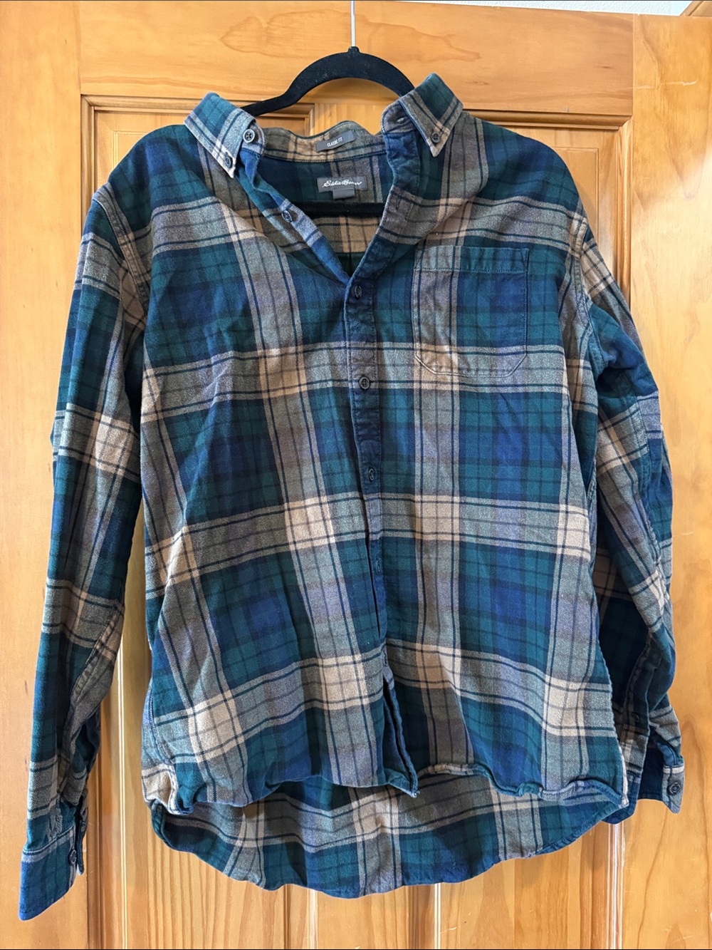 Eddie Bauer Plaid Button-Up Flannel in Teal, Brown & Navy